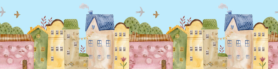 Charming seamless watercolor pattern with cozy village houses, trees, and birds on a blue sky background. Architectural seamless border pattern. Perfect for kids' designs, textiles, and nursery decor