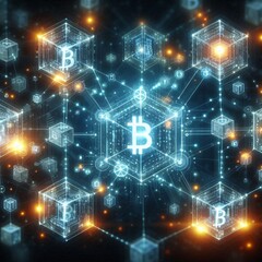Glowing Bitcoin Block Surrounded by Cubes Generative for AI