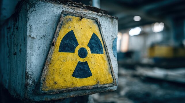 Rusted radioactive warning sign attached to decaying concrete pillar, symbolizing nuclear hazard within abandoned industrial site