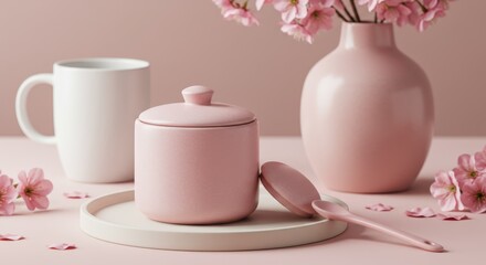 A pink ceramic mug sugar bowl and spoon are arranged on a table with cherry blossoms in the background