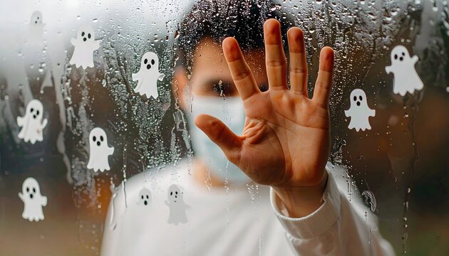 Eerie Faceless Person Pressing Hand on Fogged Glass with Stickers