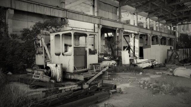 Aged shots of abandoned and destroyed production halls. An abandoned Soviet-era factory.