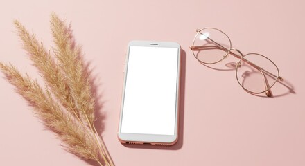 A rose gold smartphone with a blank screen rests on a pink background next to goldframed glasses and pampas grass
