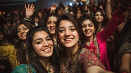 Cheerful women capturing selfie moment, laughing friends dancing festively in colorful traditional indian wedding celebration clothing