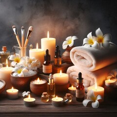 Tranquil Spa Products Arranged on Wooden Table Generative for AI