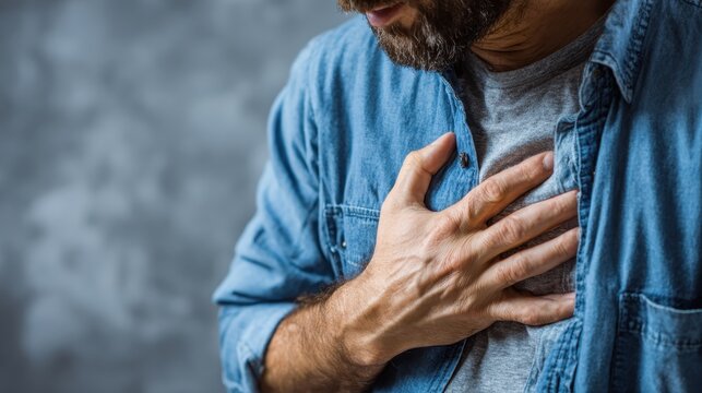 Male with beard clutching chest, grimacing from sharp chest pain suggesting potential cardiac distress or medical urgency