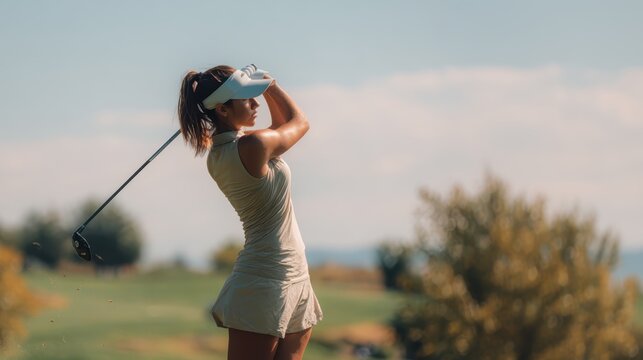 Professional golfer completing swing after hitting ball, wearing visor and beige dress, green course with trees and rolling hills behind her under bright sunlight