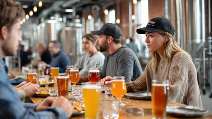 The Gathering Brew: Friends and associates convene at a brewery, sharing glasses of craft beer while basking in the sociable ambiance and the gleam of stainless steel tanks. - Powered by Adobe