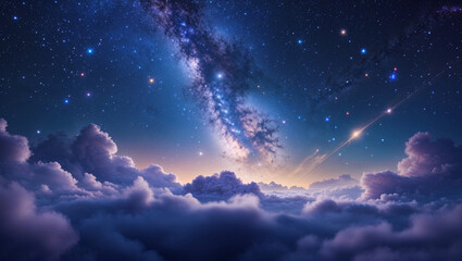 Dreamy night sky with milky way galaxy above cumulus clouds in a dark blue space