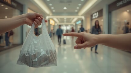 Plastic bag free day environmental warning hands showing plastic bag threat