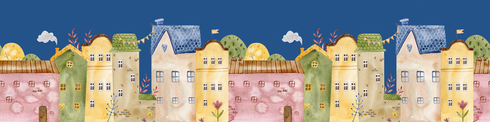 Charming seamless watercolor pattern with cozy village night houses, trees. Architectural seamless border pattern. Perfect for kids' designs, textiles, and nursery decor. 