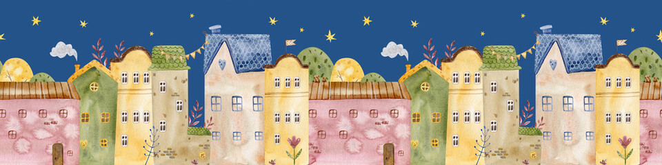 Charming seamless watercolor pattern with cozy village night houses, trees. Architectural seamless border pattern. Perfect for kids' designs, textiles, and nursery decor. 