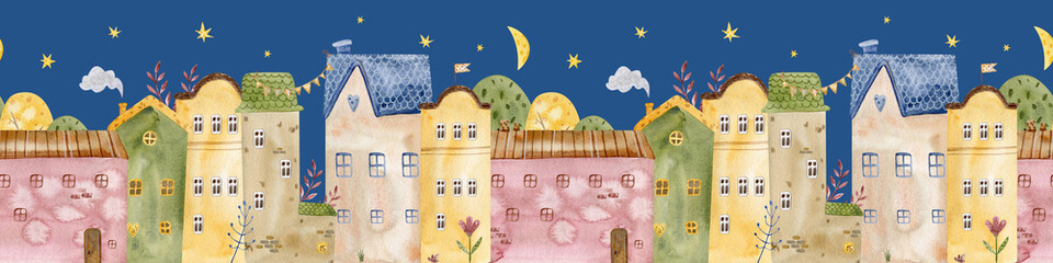 Charming seamless watercolor pattern with cozy village night houses, trees. Architectural seamless border pattern. Perfect for kids' designs, textiles, and nursery decor. 