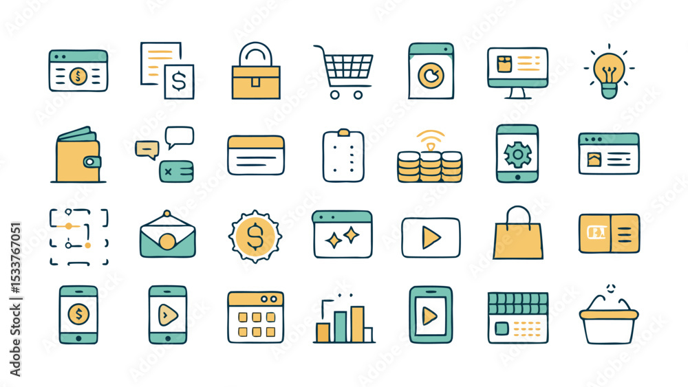 Poster a collection of hand drawn finance and business icons representing various concepts