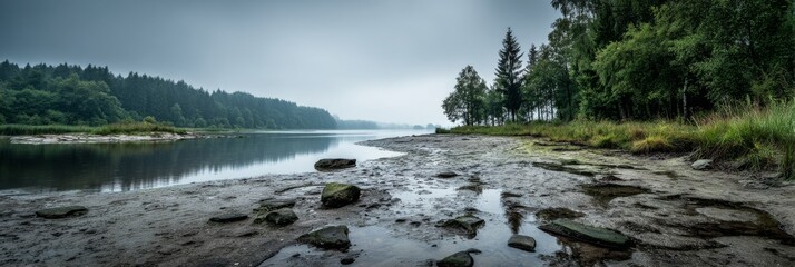  A dirty shoreline leads to a misty lake and forest under a heavy, grey sky. 