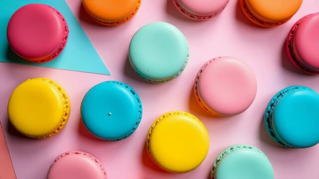 Colorful macarons are arranged on a pastel background creating a vibrant, cheerful pattern.
