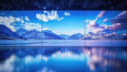 Huge LED screen showing the beautiful scenery of Qinghai Lake in China, with snow-capped mountains and clear blue waters.