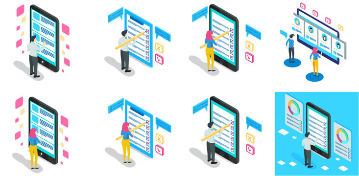 Isometric entrepreneurs with checklists and task lists. Smart mobile boards with checklists. suitable for digital asset