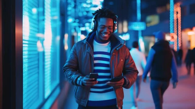 Happy young black man wearing striped sweater with blue and white stripes, brown jacket and headphones walking down street dancing at night holding phone in hand and smiling at camera.