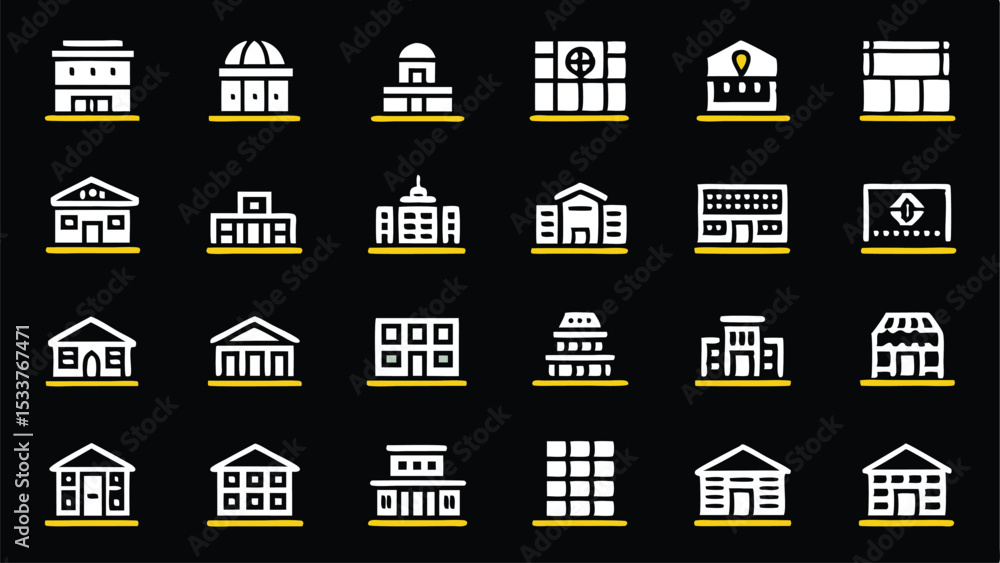 Poster collection of vector icons representing various building types and architectural styles on black bac