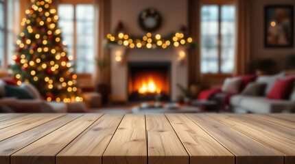 Festive living room backdrop with empty wooden table in foreground, Christmas atmosphere for holiday and gatherings
