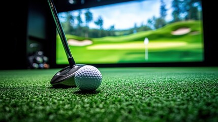 Indoor golf simulator with a close-up of a golf club and ball on artificial turf, showing a virtual golf course on a screen in the background.