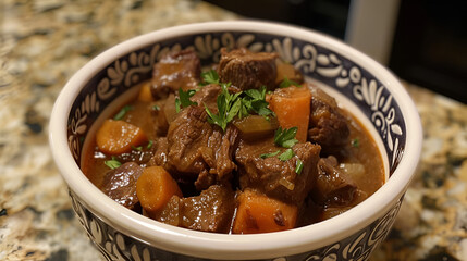 Cabbage rolls in a hearty stew with carrots rice and ground meat served in a gray bowl on a concrete backdrop Cabbage recipes, Generative AI
