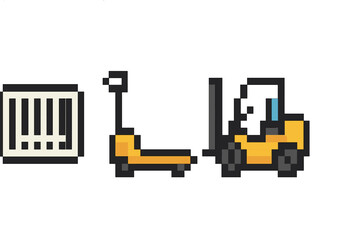 Pixel art forklift and pallet in yellow and black with gray background
