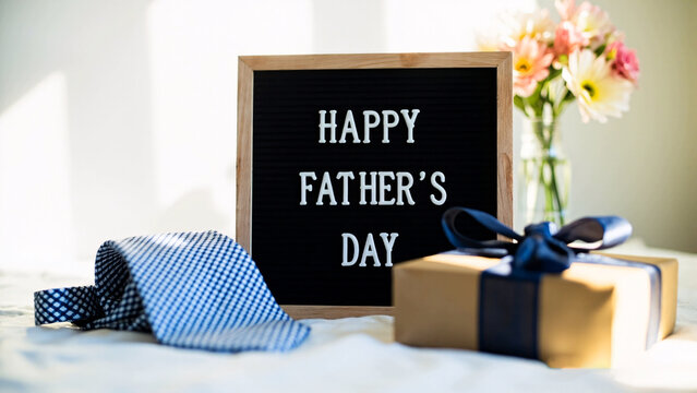 Happy Father's Day chalkboard frame with gift items and flowers