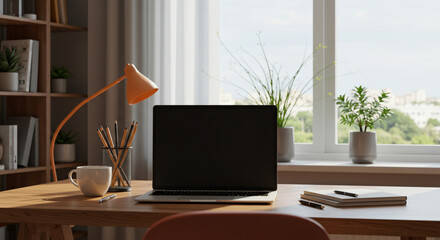 A back view image of a laptop computer and decor on a wooden table by the window in a cozy contemporary room. home office, place of work, workspace. 3d render, 3d illustration