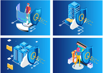 Complete set Isometric Protection network security and safe your data concept. Web page design templates Cybersecurity. Digital crime by an anonymous hacker. Vector illustration
