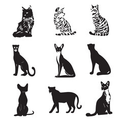 Various vector black silhouette illustrations of different cats arranged in a grid pattern showcasing