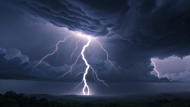 Intense lightning strike illuminating dark storm clouds above rolling hills and land