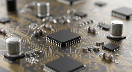 Detailed Electronic Circuit Board with Microchip Processor and Metallic Components
