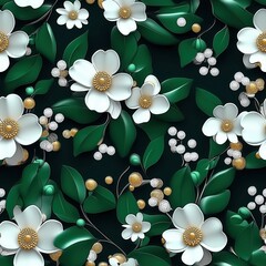 Seamless botanical pattern featuring vibrant 3D white flowers with golden centers, lush green leaves, and clusters of white and gold berries, all set against a rich, dark background.