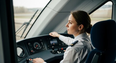 Female Train Conductor Operating Locomotive in Professional Uniform Side Profile