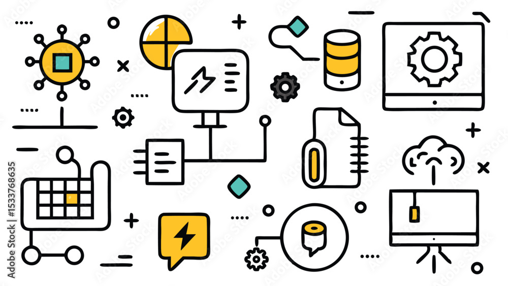 Poster modern vector illustration depicting data processing cloud computing and e-commerce concepts