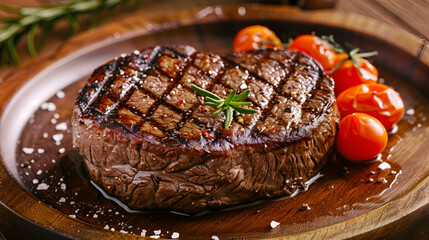 Juicy steak with side sauce, garnished with herbs, set beside a small bowl of sauce A close-up of a juicy steak sizzling on a stainless grill, flames licking the sides of the meat, Generative AI