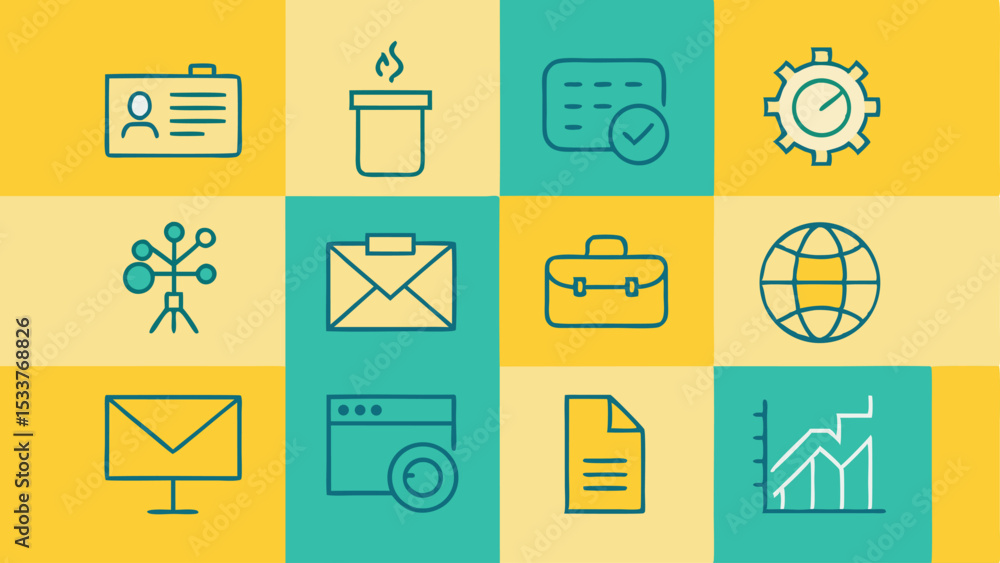 Poster simple business icons with different elements arranged in a colorful pattern design
