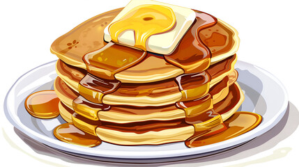 A mouthwatering stack of pancakes with syrup and butter, capturing their warm, inviting texture, set against a bright white background, Generative AI