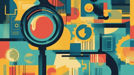 Obraz premium Abstract Geometric Composition with Magnifying Glass and Gears