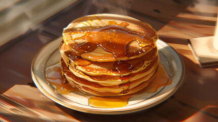 A mouthwatering stack of pancakes with syrup and butter, capturing their warm, inviting texture, set against a bright white background, Generative AI