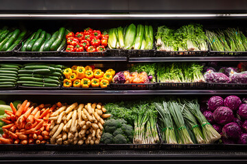 Organic Assorted Vegetables Arranged Neatly on Grocery Shelves