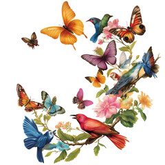 Vintage illustration of butterflies and birds on floral branch design on transparent background