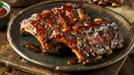 Usa Independence Day BBQ ribs celebration with patriotic decor Close up view of person cuts grilled spareribs with knife and fork Grilled pork ribs on wood plate, Generative AI