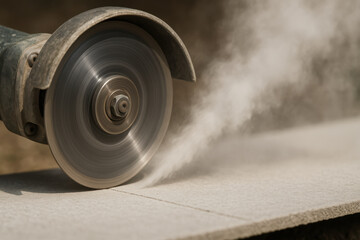 Close up of circular power saw cutting concrete slab outdoors, creating dust in construction site environment