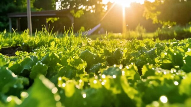 Lettuce rows in vegetable garden with water droplets glistening in golden sunlight, organic farm fresh produce growing.