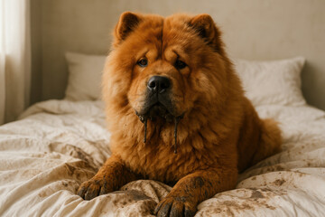 Fluffy brown chow chow dog with muddy paws and drool lying on a white bed in a cozy bedroom environment