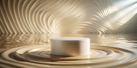 Obraz premium Elegant Cream-Colored Cylindrical Display Platform on a Liquid Surface with a Wavy Background