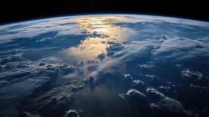 Fototapeta premium View of Earth from space showing clouds over ocean and landmass. Curved horizon under sunlight with visible atmosphere and space in background. Generative AI